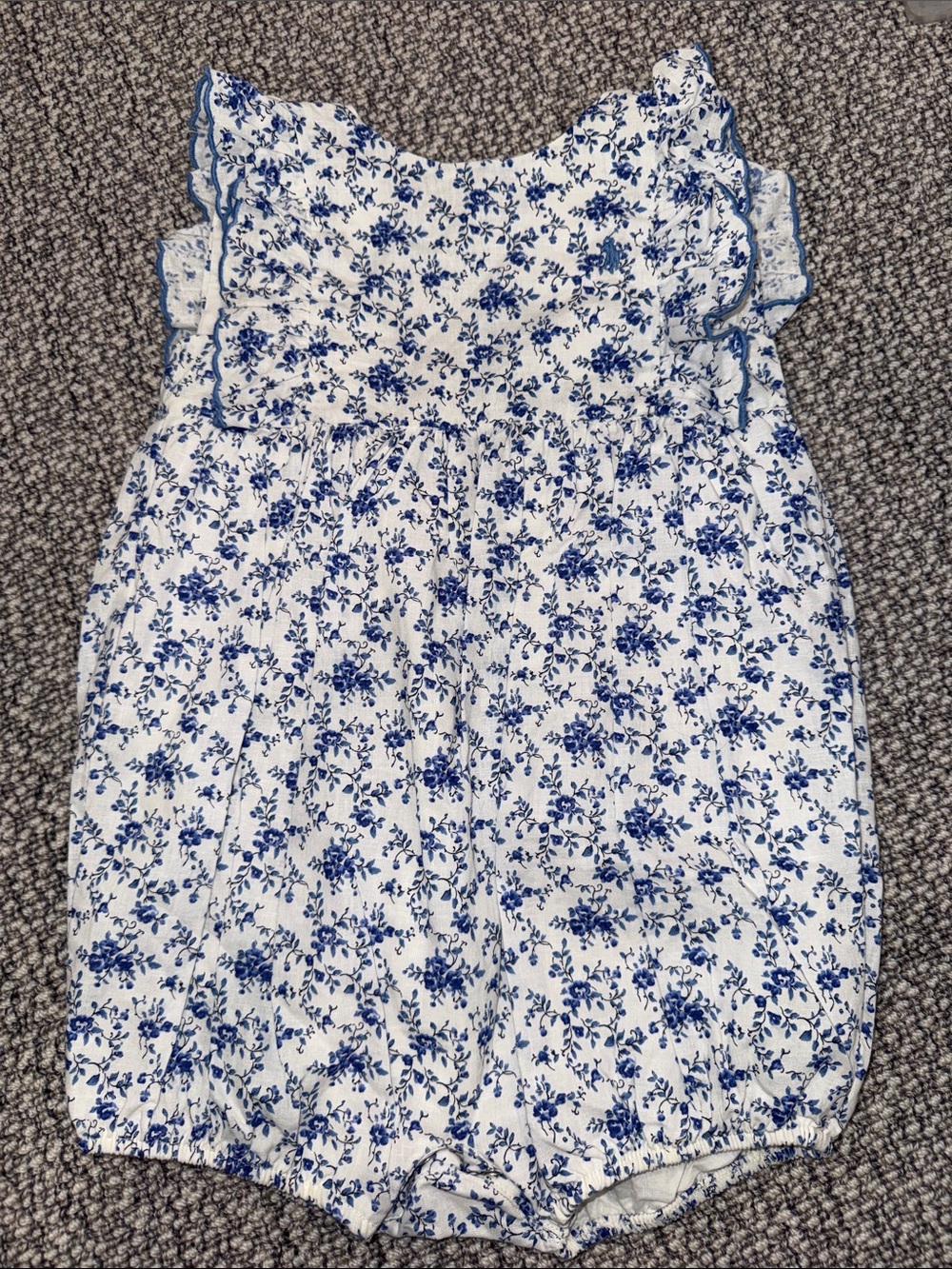 Ralph Lauren White and Blue Floral Baby Romper with Ruffle Straps